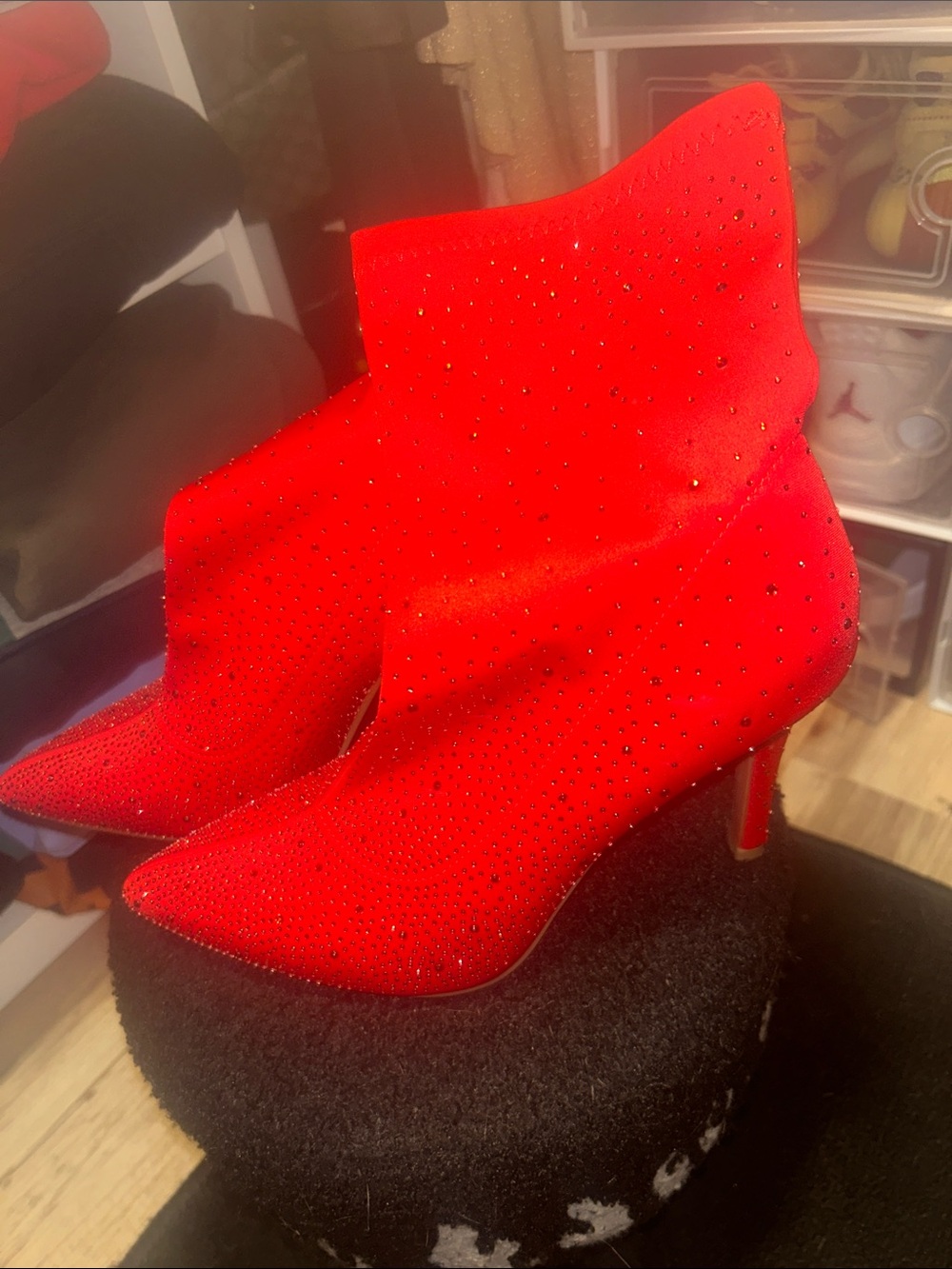 TOP Moda Red Rhinestone Stretch Ankle Booties